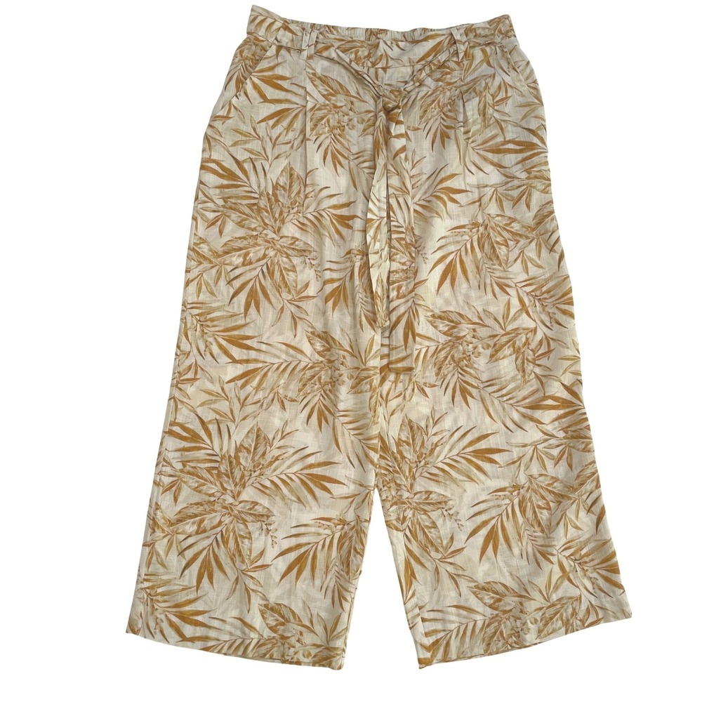 Meg & Margot Wide Leg Pants Womens L Beige Linen Rayon Tropical Crop Boho Chic